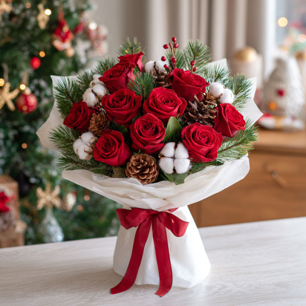 Christmas Red Rose Bouquet – Lush White & Crimson Holiday Splendor