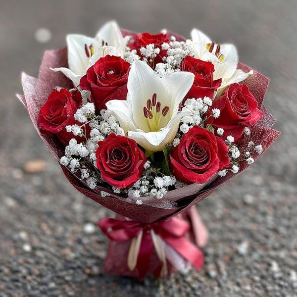 Crimson Devotion — Red Roses and White Lilies